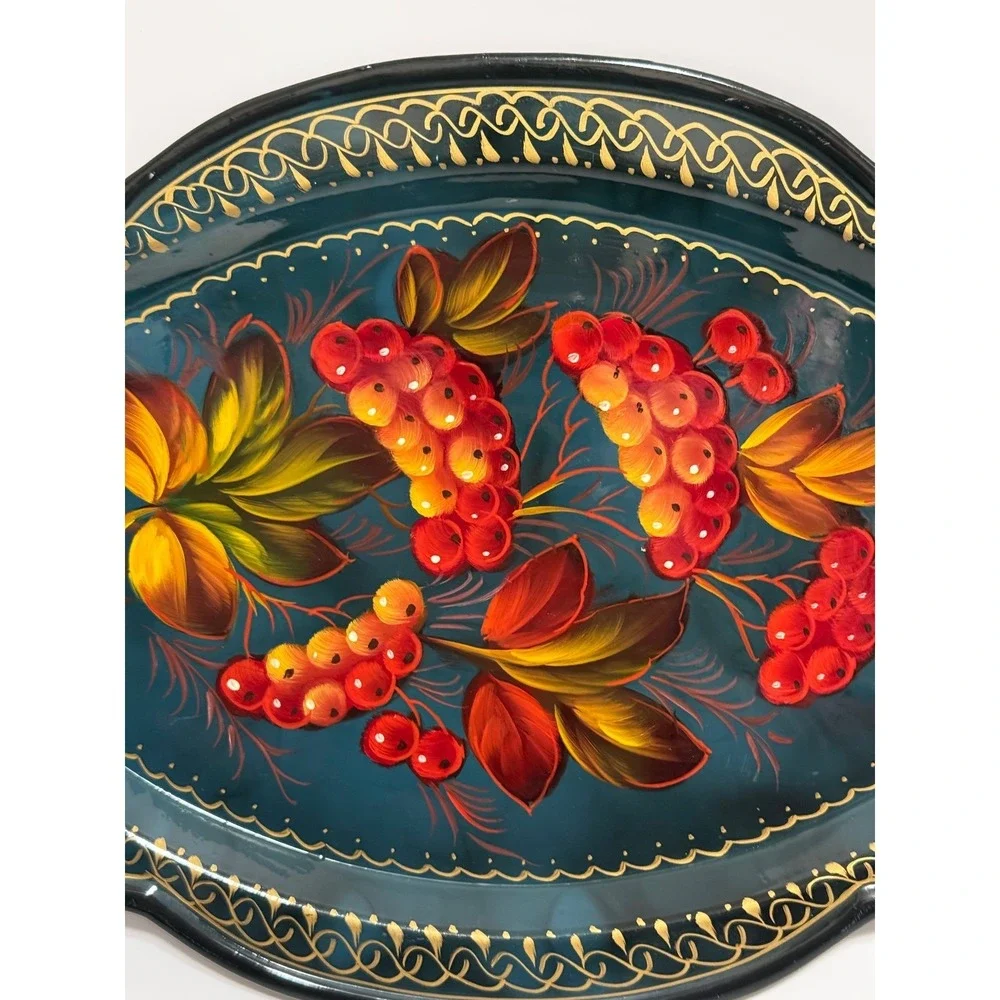 Vintage Zhostovo-Style Hand Painted‎ Oval Metal Tray Berry Folk Art Scalloped